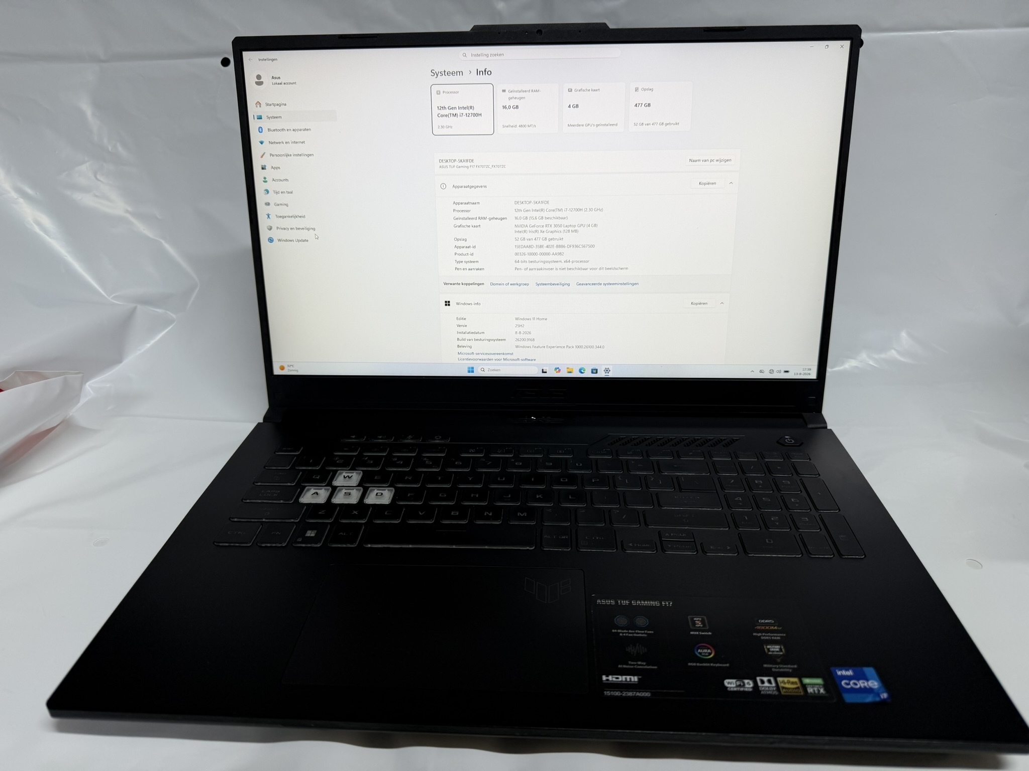 ASUS TUF Gaming F17 FX707ZC i7-12700H 16GB RTX3050 512GB SSD 17.3 FHD 144Hz W11Home - Afbeelding 2